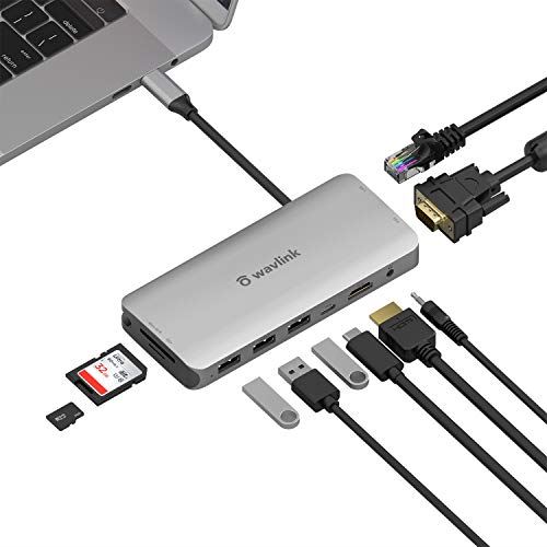 WAVLINK USB Cハブ/USB-C ミニドッキングステーション/９-in-1（1ｘHDMI/1ｘVGA/３ｘUSB A/1ｘ RJ45/1 x SD Card Slot Micro SD Card Slot ... Small