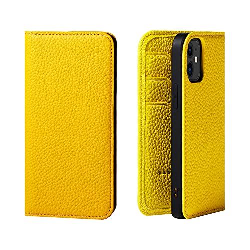 [HANATORA] iPhone12 mini ケース 手帳型 本革 シュリンクカーフレザー スマホケース 耐衝撃 磁石不使用 マグネットなし ハンドメイド ギフトにも最適品 ダイアリーケース Edel 黄 レモン イエロー PH-12Mini-Yellow｜WES STORE