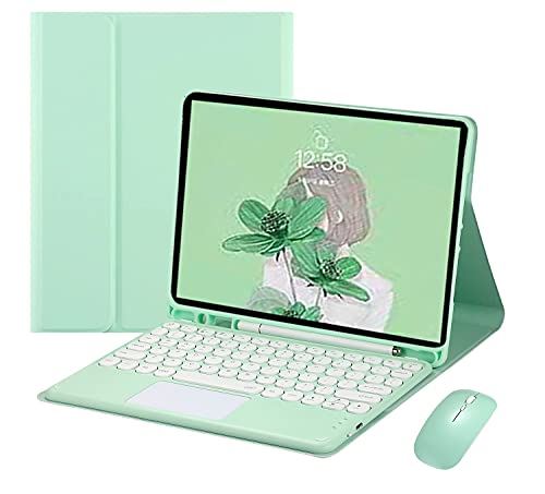 タッチパッド搭載 iPad Air4 Air5 Air 10.9インチ キーボード ケース マウス付き 3点セット マウス機能 可愛い iPad 第4/5 世代 2020 2022キーボード カバー 丸型キー ペンホルダー付き 分離式 Bluetooth キーボード付 トラックパッド (iPad Air4 /Air5, 薄緑)|WES STORE