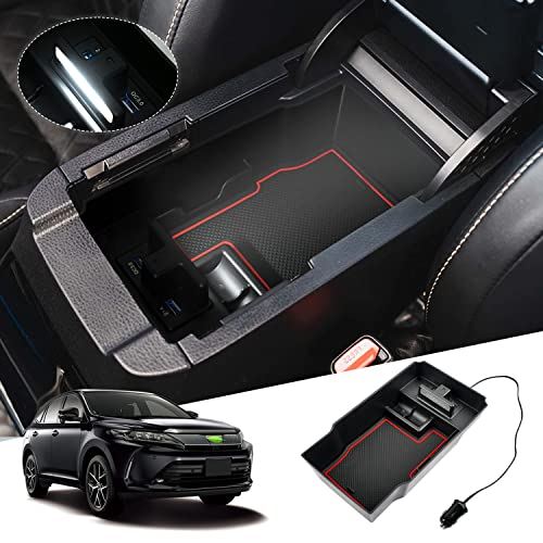 Auto Spec トヨタ ハリアー 60系 内蔵型コンソールボックス Harrier H25.12～現行 2ポートUSB充電付き 車内収納ボックス 3Dトレイ 小物入れ 車種専用設計 内装 パーツ 滑り止め ... LEDセンサーライト＆USBポート付き