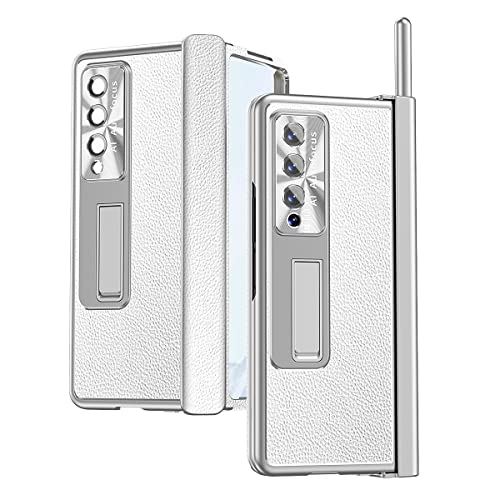 全面保護ケース+強化ガラスフィルム+ペンスロット+金属レンズ保護カバー+ライチの質感 レザー Galaxy Z Fold4 / W23|%%%| 磁気吸着 手帳型 折り畳み ブラケット機能人気、キラキラ おしゃれ ... Galaxy Z Fold4/W23 シルバー