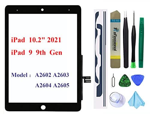 iPad 9 第9世代 2021 A2602 A2603 A2604 A2605 10.2 インチ交換用スクリーンデジタイザー交換 (LCDは含まれません)ホームボタンない + プリインストール接着剤 + Black