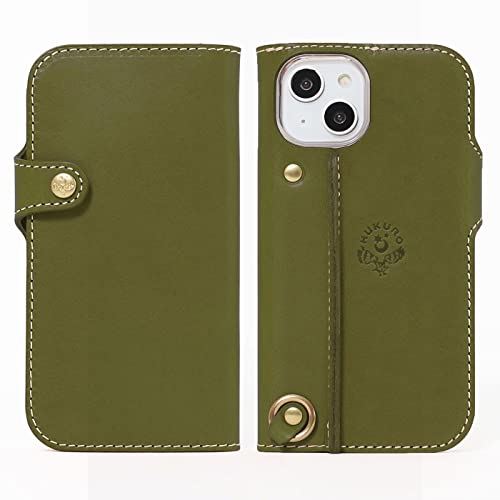 HUKURO iPhone14 手帳型 ケース 栃木レザー 本革 スマホケース 落下防止 グリップ カバー ストラップホール 持ちやすい フクロ 左手持ち グリーン