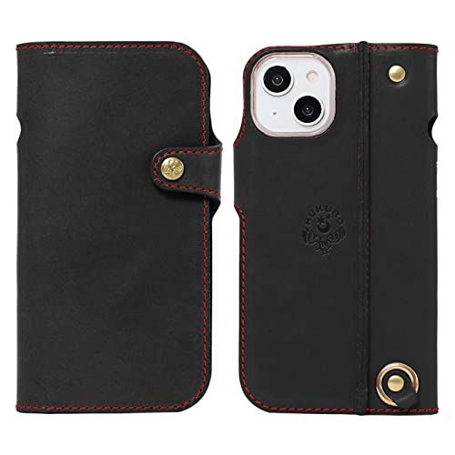 HUKURO iPhone14 万覚え帳型 入れもの 栃木なめし革 本革 スマホケース 落っこちる押しとどめる 手持ち部分 押しかぶせる ストラップホール 持ち分かりやすい フクロ 右手持ち 黒いこと(赤糸)