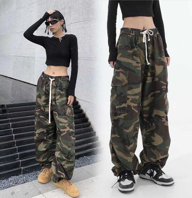 迷彩柄 カーゴパンツ ダンス 衣装 レディース ウエストゴム ロングパンツ ワークパンツ ミリタリーパンツ ストリートパンツ 長ズボン  ボトムス カジュアル ヒップホップ ジャズダンス衣装 HIPHOP 原宿 韓国ファッション ウエストロード