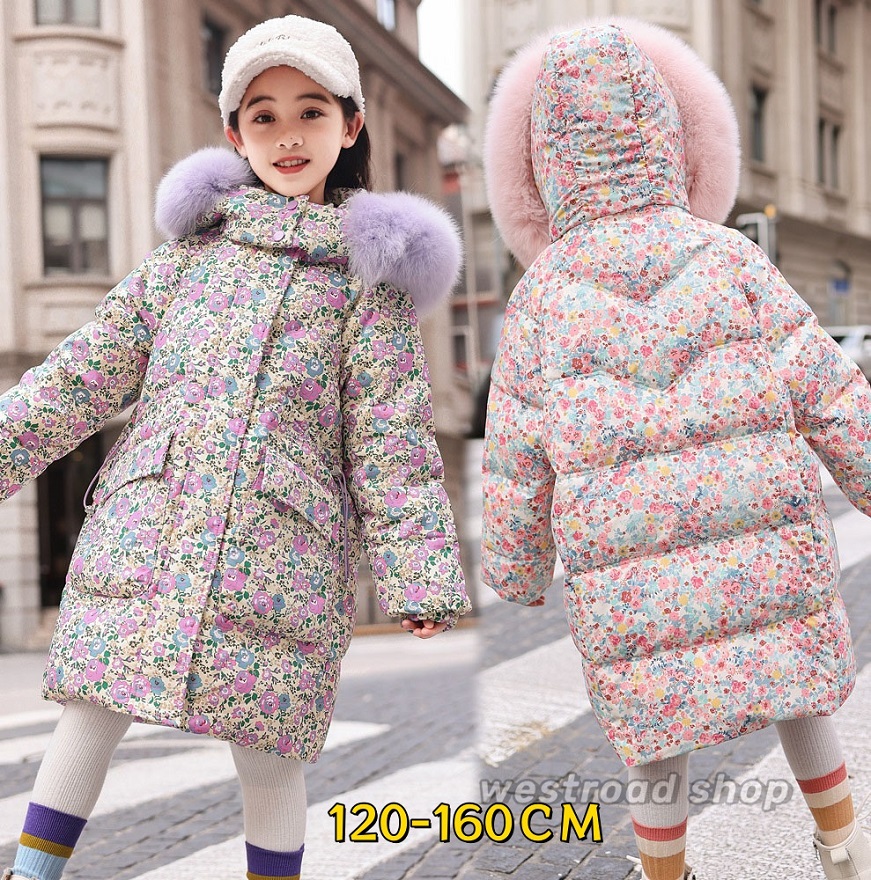 女の子 ダウンコート 子供服 プリント キッズ ロング丈 ウンジャケット フード付き 軽量 秋 冬 暖かい 保温 防寒 防風 アウター 厚手 かわいい カジュアル おしゃれ ジュニア服 通学 普段着 発表会 結婚式 誕生日 120 130 140 150 160cm