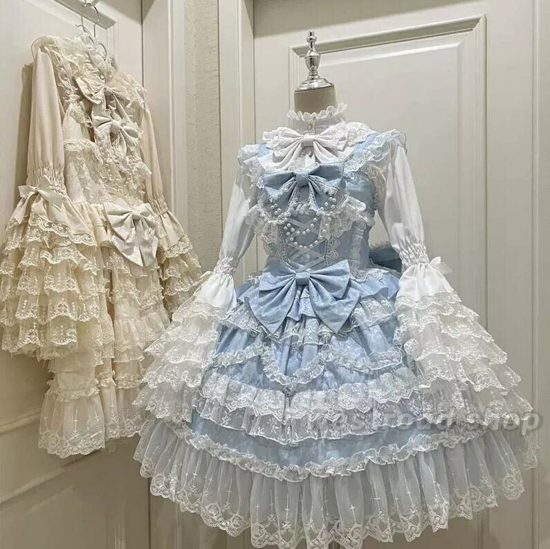 ロリータワンピース ドレス 姫ロリ 甘ロリ 花嫁 結婚式 お姫様ドレス ミモレ丈 長袖ブラウス 大人 女子 可愛い ロリータドレス コスチューム 衣装 Lolita 女の子 中校生 高校生 ステージ 衣装 イベント 服 裾フリル リボン ロリータ 服 大きいサイズ 文化祭 学園祭