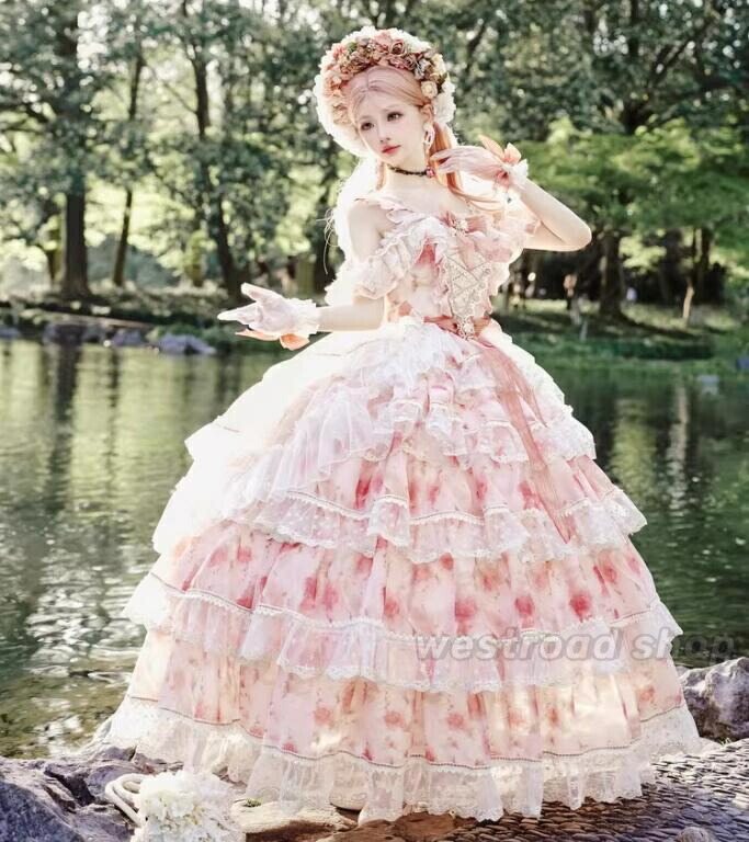 オフショルダー ロリータドレス 花嫁 結婚式 お姫様ドレス Lolita 豪華な 華やか 姫ロリ 甘ロリ 女子 大人かわいい ゴスロリ ロリータ ワンピース ロング丈 フォーマル パーティー イベント 女子会 服装 ロリータファッション ピンク S-3XL