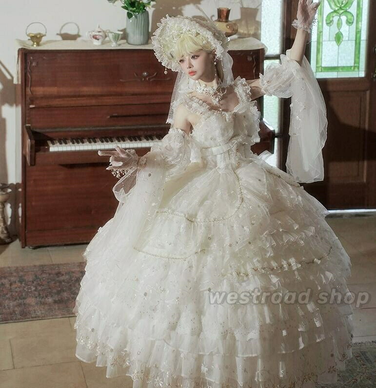 ロリータドレス 花嫁 結婚式 発表会 お姫様ドレス Lolita 豪華な 華やか 姫ロリ 甘ロリ 女子 大人かわいい ゴスロリ ロリータ ワンピース ロング丈 フォーマルドレス パーティー イベント 女子会 演奏会用 服装 ロリータファッション ホワイト S-3XL
