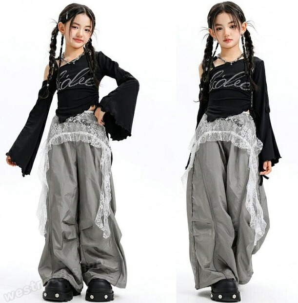 キッズ ダンス 衣装 ヒップホップ セットアップ 長袖 肩出しトップス パンツ 2点セット女の子 ガールズ 子供服 かわいい おしゃれ カジュアル 韓国 hiphop jazz ジャズダンス ストリートダンス 普段着 レッスン着 練習着 イベント 発表会 応援団 団体服