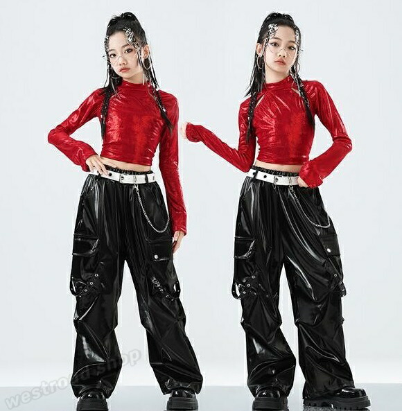キッズ ダンス衣装 ヒップホップ セットアップ 女の子 ガールズ HIPHOP レザー トップス + パンツ + ベルト カジュアル おしゃれ 派手 韓国 K-POP ジャズダンス ストリートダンス チアガール ステージ衣装 練習着 体操服 発表会 団体服 演出服