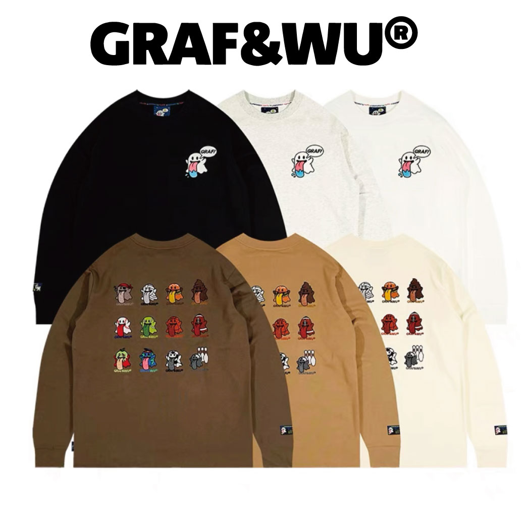 GRAF&WU グラフアンドウー ロゴキャラクター ロンT 長袖Tシャツ おばけ オーバーサイズ 韓国ブランド 韓国ファッション 中国ブランド　中国ファッション トップス ユニセックス メンズ レディース ストリート グラフウー (graf-057)｜WFLAGS店