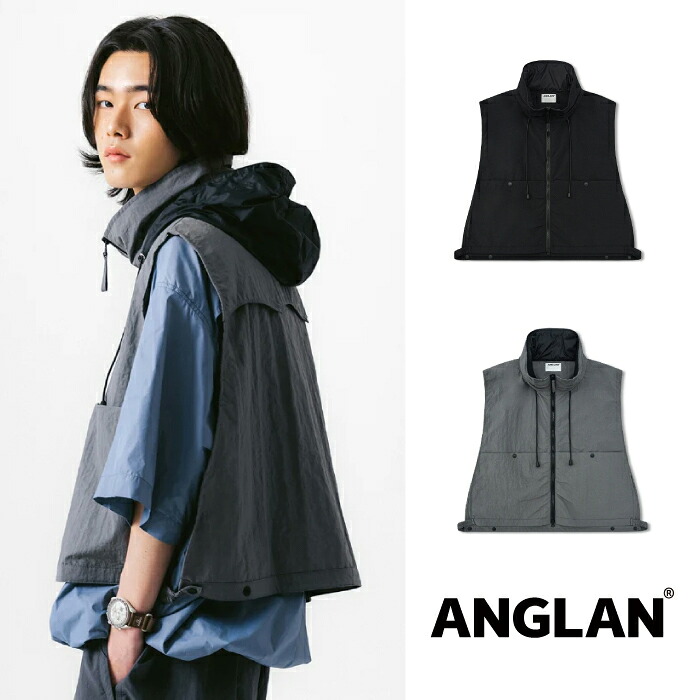 ANGLAN アングラン Nylon Hidden Hood Crop Vest - 送料無料 ブラック グレー ナイロン 半袖 無地 ユニセックス ロゴ セットアップ 長袖