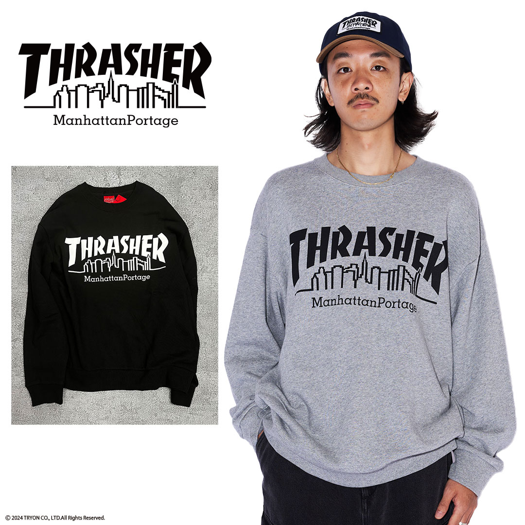 THRASHER × Manhattan Portage スラッシャー マンハッタンポーテージ SWEAT TRAINER 24FW-MP-M587 正規品 スウェット トレーナー 長袖 プリント メンズ レディース ユニセックス 送料無料 スケボー スケートボード ロゴ ブラック ヘザーグレー