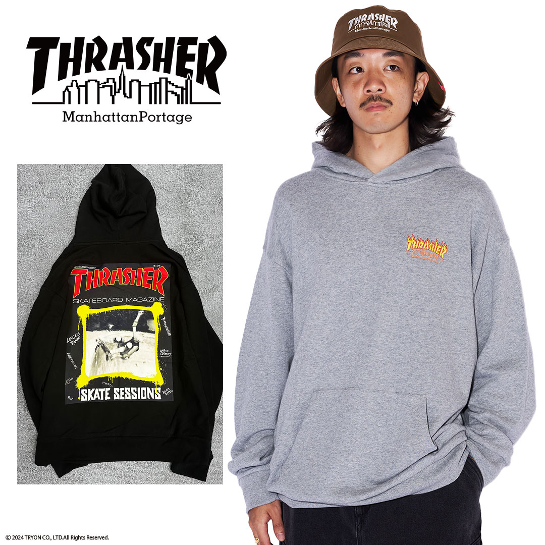 THRASHER × Manhattan Portage スラッシャー マンハッタンポーテージ SWEAT PARKA 24FW-MP-M588 正規品 パーカー スウェット トレーナー 長袖 メンズ レディース ユニセックス 送料無料 ストリート スケートボード ロゴ ブラック ヘザーグレー