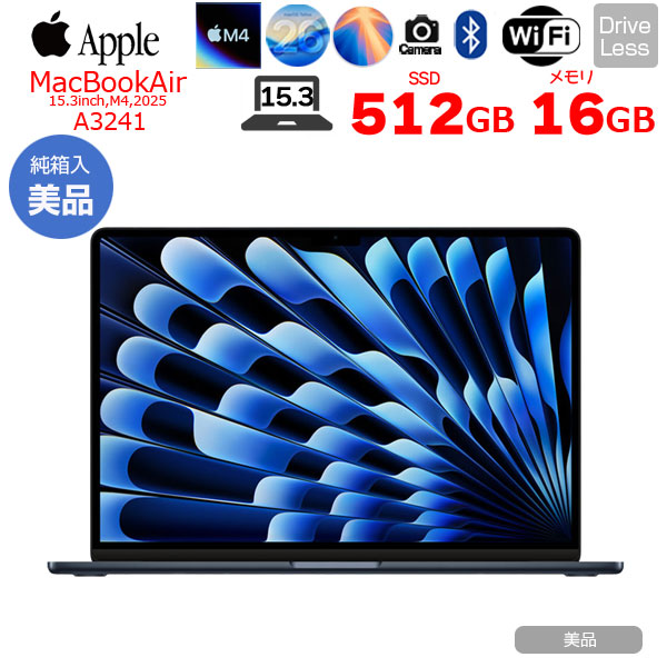 【中古マイコン】Apple MacBook Air 15.3inch MW1M3J/A A3241 2025 TouchID [Apple M4 10中核グループ 記憶装置16GB SSD512GB 無線電話 BT 写真機 15.3型 Midnight 純箱 ] ：美品