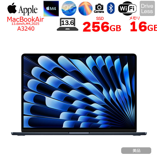 【中古マイコン】Apple MacBook Air 13.6inch MW123J/A A3240 2025 TouchID [Apple M4 10中核グループ 記憶装置16GB SSD256GB 無線電話 BT 写真機 13.6型 Midnight 純箱 ] ：美品