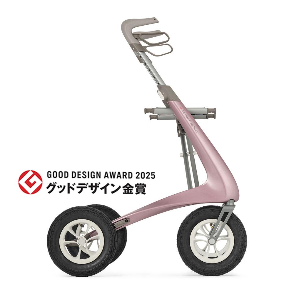 byACRE（バイエーカー）カーボン・オーバーランド 超軽量 6.7kg 全地形対応型 歩行器 デンマーク発 北欧デザインのおしゃれな四輪手押し車 大径エアタイヤ搭載 座れる 折りたたみ式 屋外用 高齢者 介護用品 ＜ローズゴールド＞｜byACRE