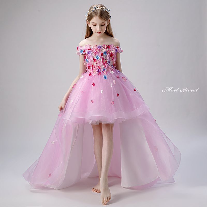 キッズドレスカラードレスミニロングトレーンフラワー花赤ちゃんドレスプリンセスピアノ告げ知らせる会フォーマルガールズイベント一こま監督高座お召しもの