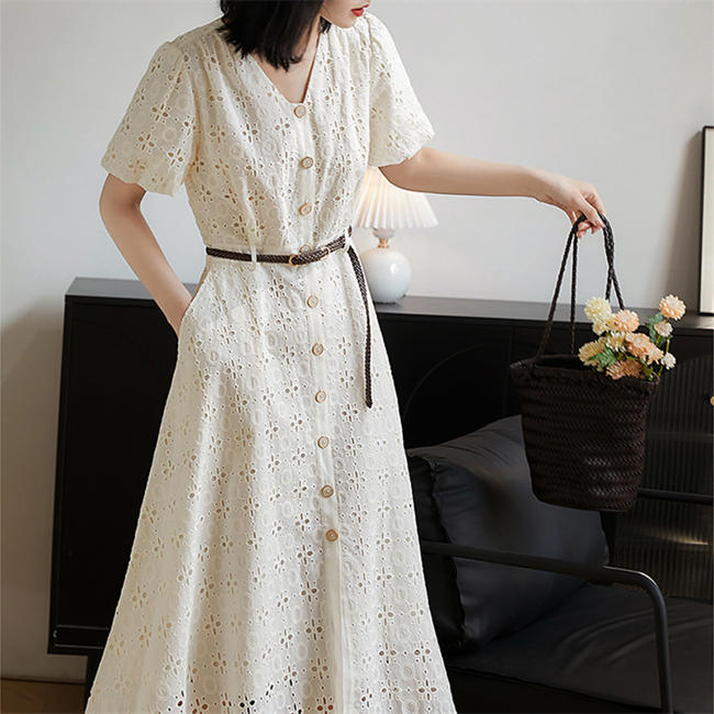 ワンピース夏服レディースワンピース長袖無地通勤ワンピースAライン結婚式ワンピース春夏ワンピース仕事用ワンピース上品入学式卒業式入園式卒園式母の日プレゼントひざ丈お呼ばれパーティー綿花柄Vネックポケット付き優雅透かし彫り着痩せ|ホワイトショップ
