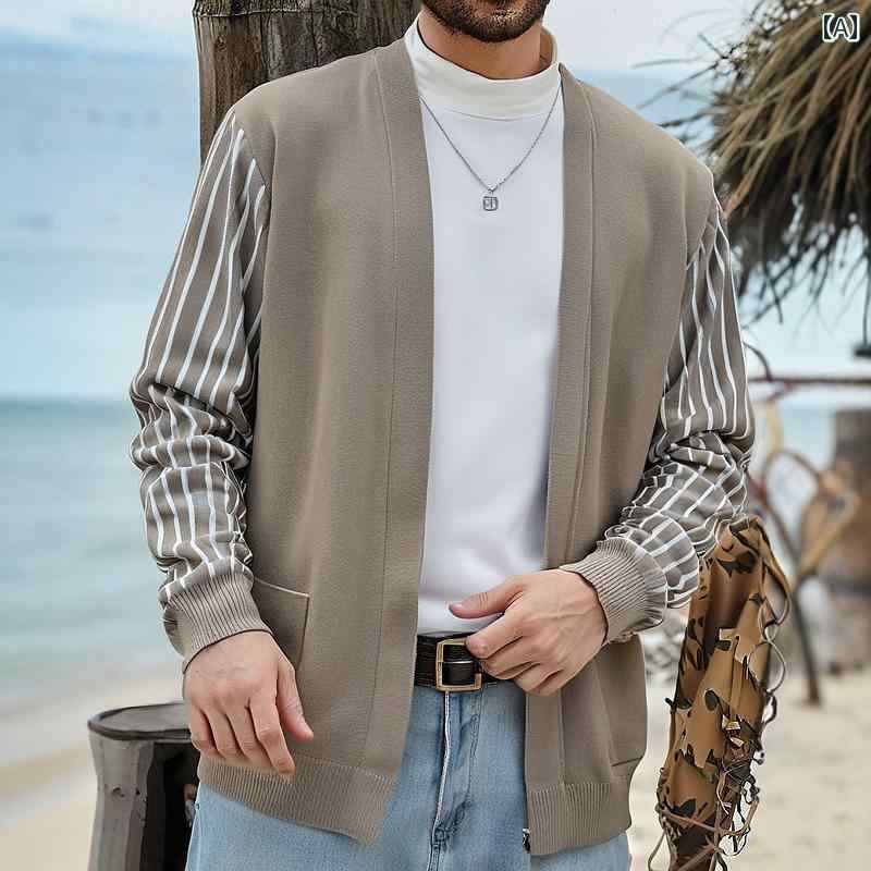 メンズ流行り物春夏秋冬かっこいいオシャレモテ成人男性用成人男性服服韓国分かりやすい成年者秋ストライプスプライシングカーディガンセーターアメリカメンズニットウェアメンズニットウェア