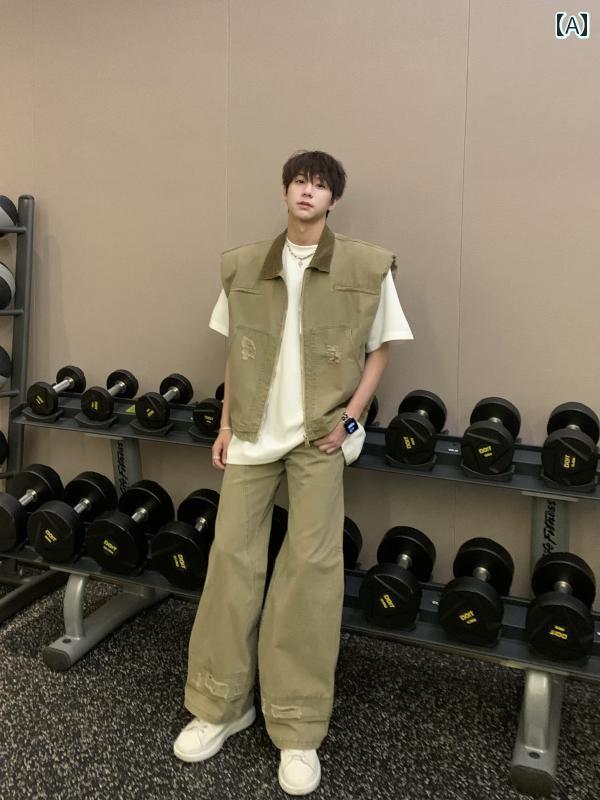 メンズ流行り物春夏秋冬かっこいいオシャレモテ成人男性用成人男性韓国分かりやすい成年者レトロダメージ産業ワークウェアデニムショルダーパッドベストメンズジーンズセット