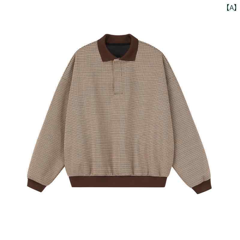 メンズファッション春夏秋冬かっこいいオシャレモテ男性用紳士服服韓国シンプル大人アメリカンレトロ千鳥格子ポロシャツ長袖Tシャツメンズハイエンドクリーンフィットセータージャケット