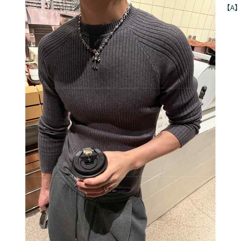 メンズ流行り物春夏秋冬かっこいいオシャレモテ成人男性用成人男性服服韓国分かりやすい成年者黒肋材編みクルーネックセーター朦朦たるか細い相応う冬用生あたたかい長袖トップス