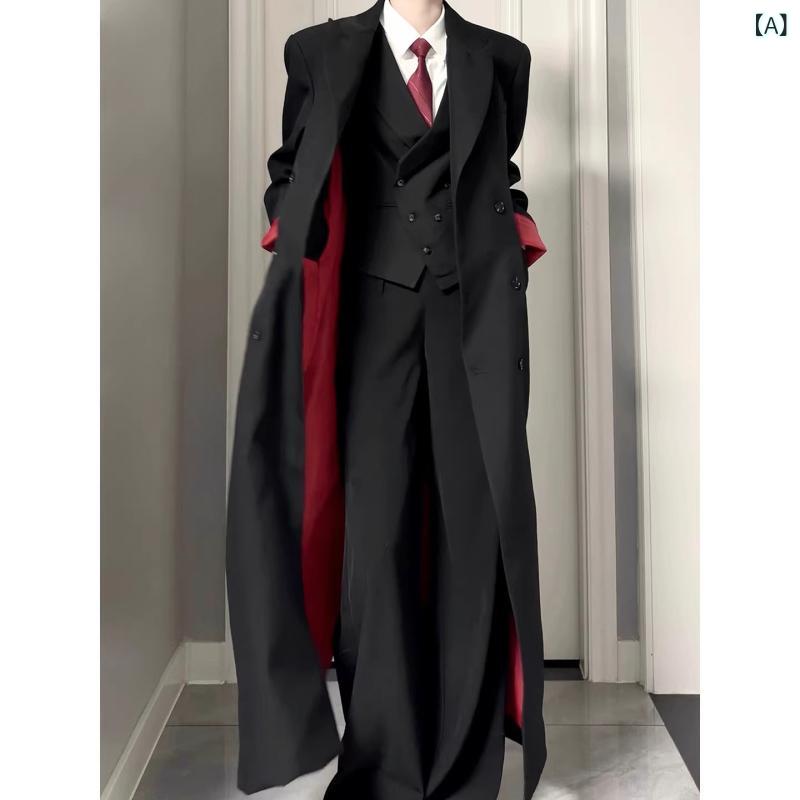 メンズファッション春夏秋冬かっこいいオシャレモテ男性用紳士服服韓国シンプル大人メンズ用ブラック&レッドカラーブロックバルマカントレンチコートスーツジャケット英国風ロングショルダーウールコート