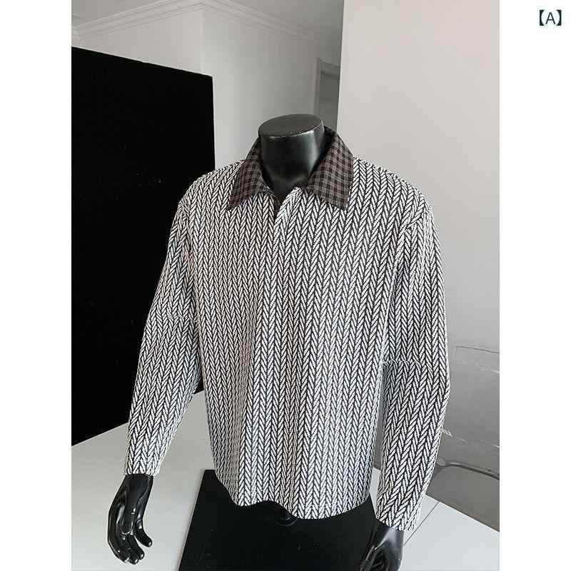メンズファッション春夏秋冬かっこいいオシャレモテ男性用紳士服服韓国シンプル大人クリーンフィット厚手ポロシャツ柄チェック柄パッチワークカラー下長袖Tシャツ着て着用