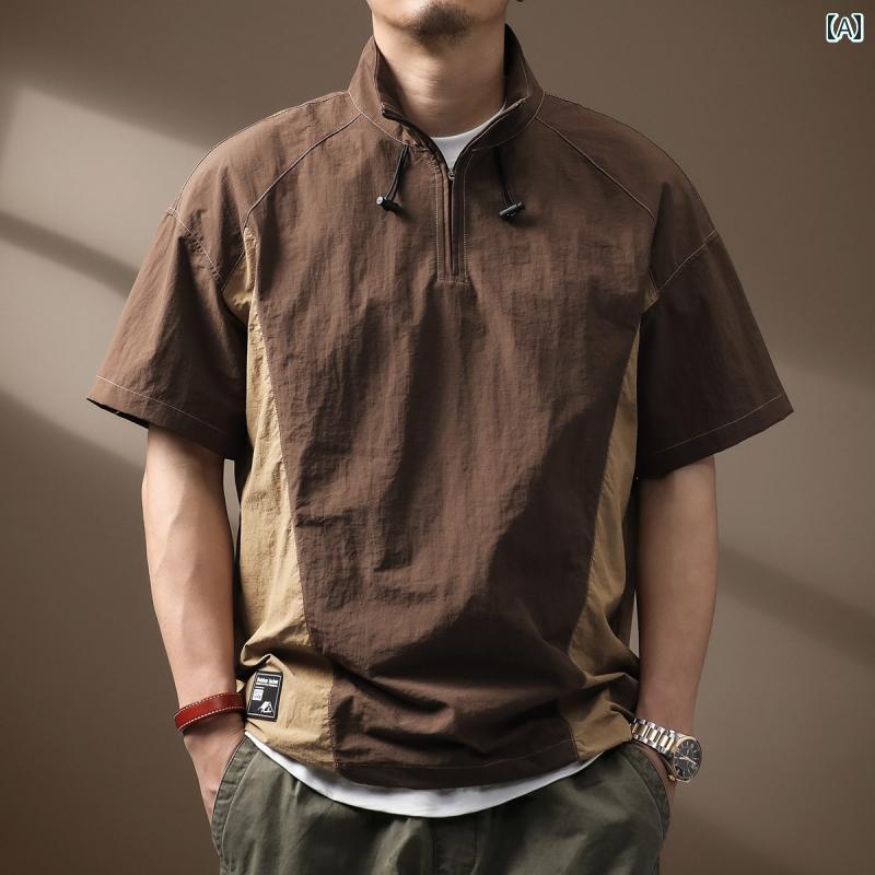 メンズ流行り物春夏秋冬かっこいいオシャレモテ成人男性用成人男性服服韓国分かりやすい成年者亜米利加製速乾冷感スポーツシャツメンズ半袖プルオーバー夏役立つことスタイルアウトドアライトハーフジップワークウェアシャツ