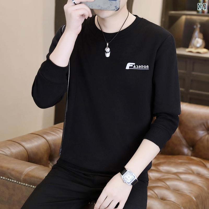 メンズファッション春夏秋冬かっこいいオシャレモテ男性用紳士服服韓国シンプル大人ヘビーウェイトスウェットシャツインナーラウンドネック長袖Tシャツハイエンドプルトップ