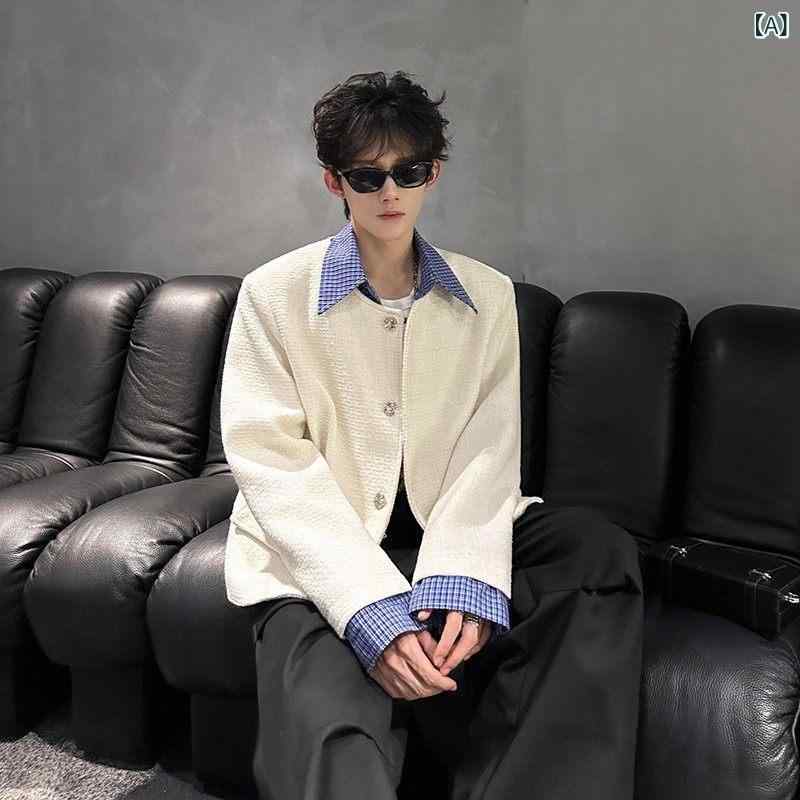 メンズ流行り物春夏秋冬かっこいいオシャレモテ成人男性用成人男性服服韓国分かりやすい成年者成人男性着用いる読み合わせる柄パッチワークプルオーバー色合い肩その人の特徴的フェイクツーピースショートジャケット