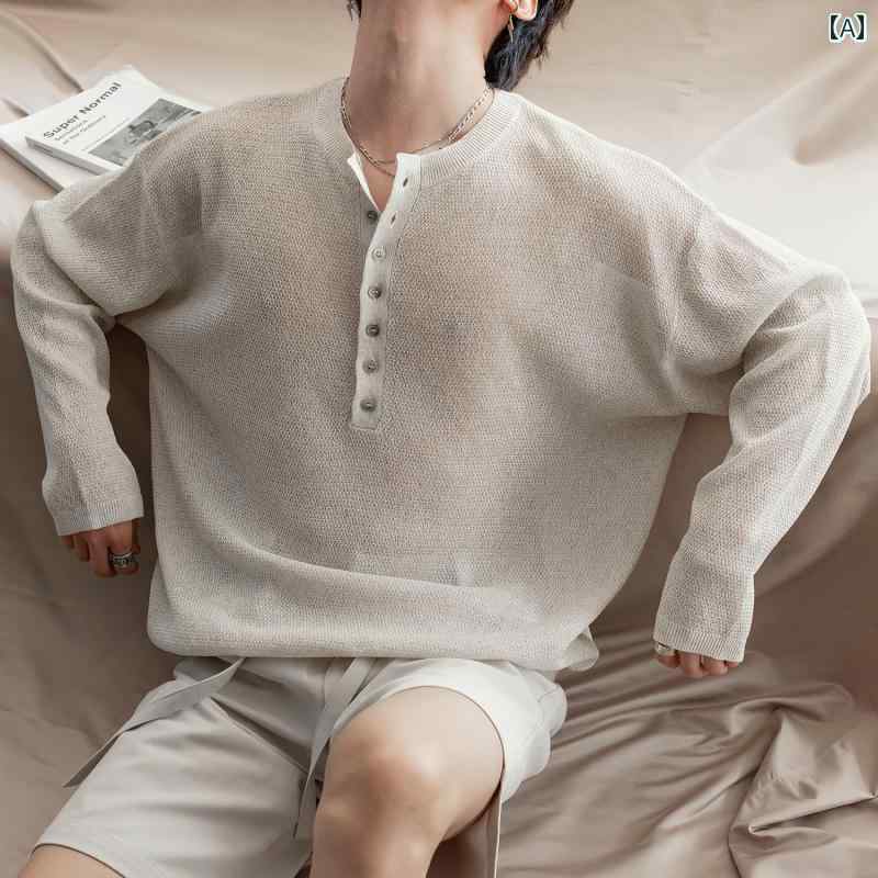 メンズ流行り物春夏秋冬かっこいいオシャレモテ成人男性用成人男性服服韓国分かりやすい成年者ゆったり薄っぺらニットカーディガントップスヘンリーカラー長袖ティーシャツ
