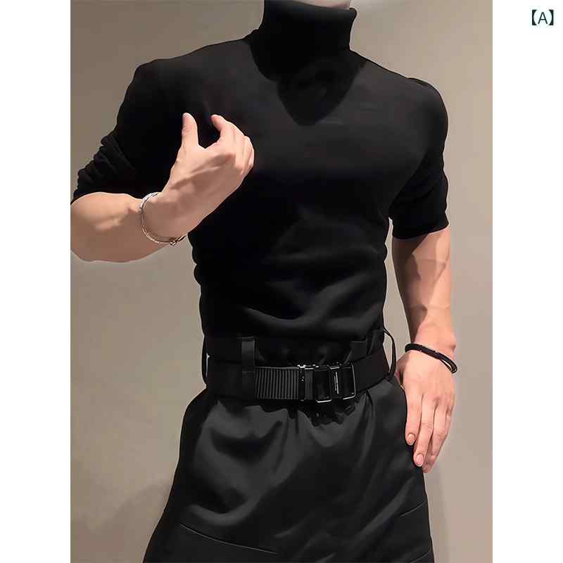 メンズファッション春夏秋冬かっこいいオシャレモテ男性用紳士服服韓国シンプル大人構造化肩ブラックスリムフィットタートルネックセーター最適筋強調し広い細いウエストインナー着用