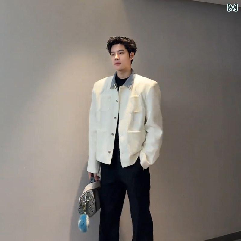 メンズ流行り物春夏秋冬かっこいいオシャレモテ成人男性用成人男性服服韓国分かりやすい成年者クリーンフィットホワイトフェイクツーピースショートウールコートハイエンドシックショルダージャケット