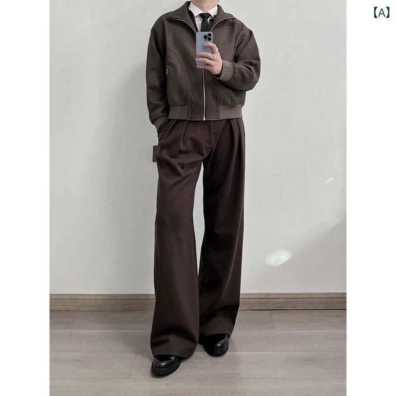 メンズ流行り物春夏秋冬かっこいいオシャレモテ成人男性用成人男性服服韓国分かりやすい成年者ステイザナイトブラウンブレンドウールトラウザーズaラインワイドレッグカーブドヘビーウェイトハイエンドストレート