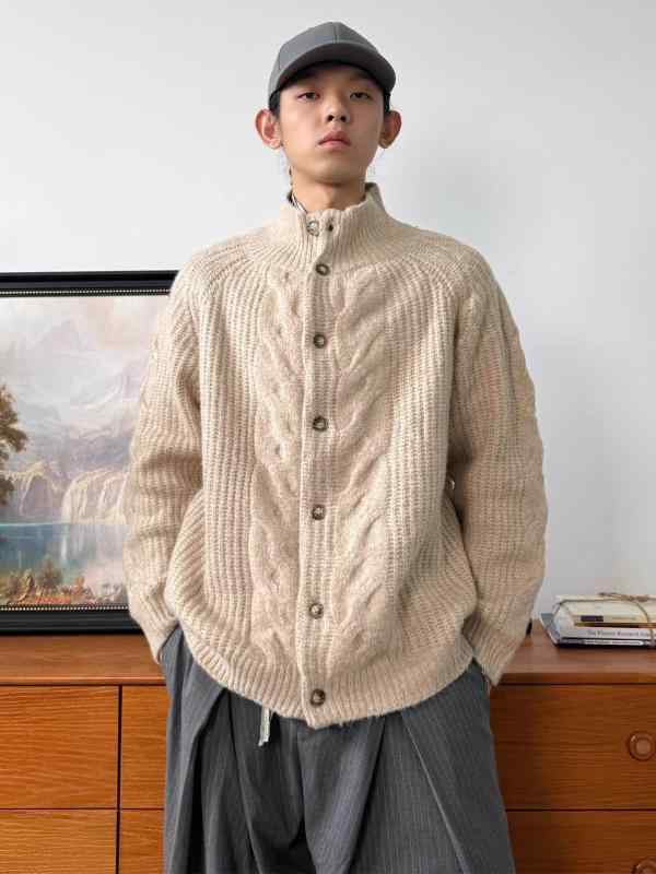 メンズ流行り物春夏秋冬かっこいいオシャレモテ成人男性用成人男性服服韓国分かりやすい成年者ウールブレンドスタンドカラーセーターアメリカンレトロボタンカーディガンシングルニットアウターウェア
