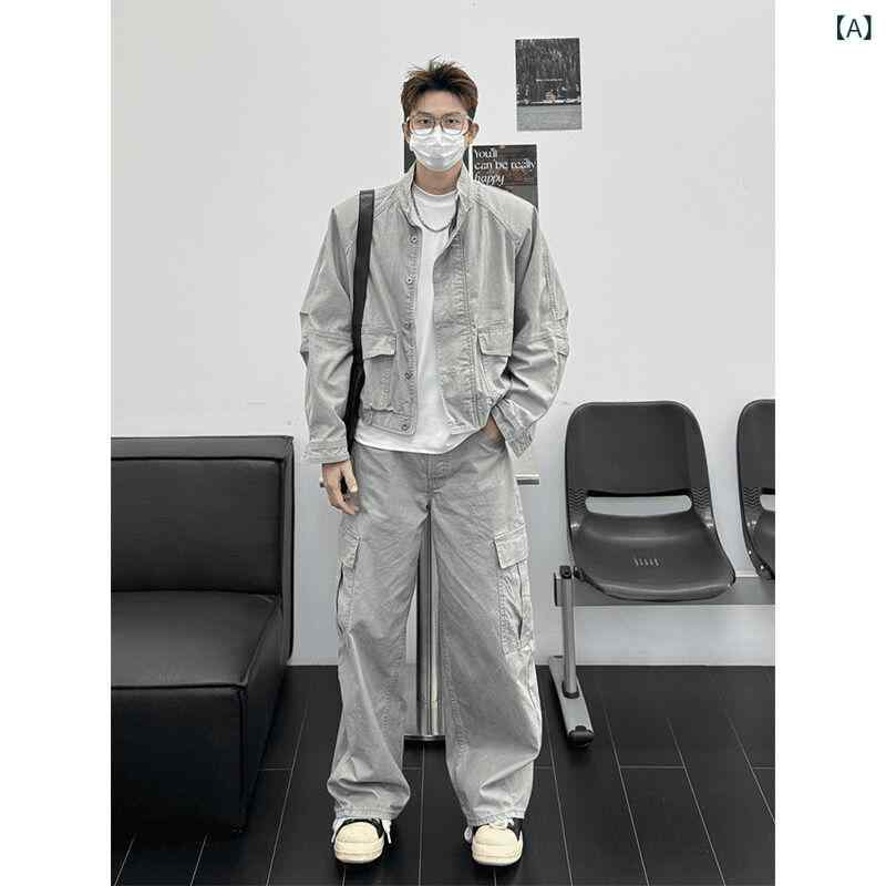 メンズ流行り物春夏秋冬かっこいいオシャレモテ成人男性用成人男性服服韓国分かりやすい成年者初秋装いスタンドカラーワークジャケットデニムジャケットトラウザーズルック完全無欠さ背広書き割り