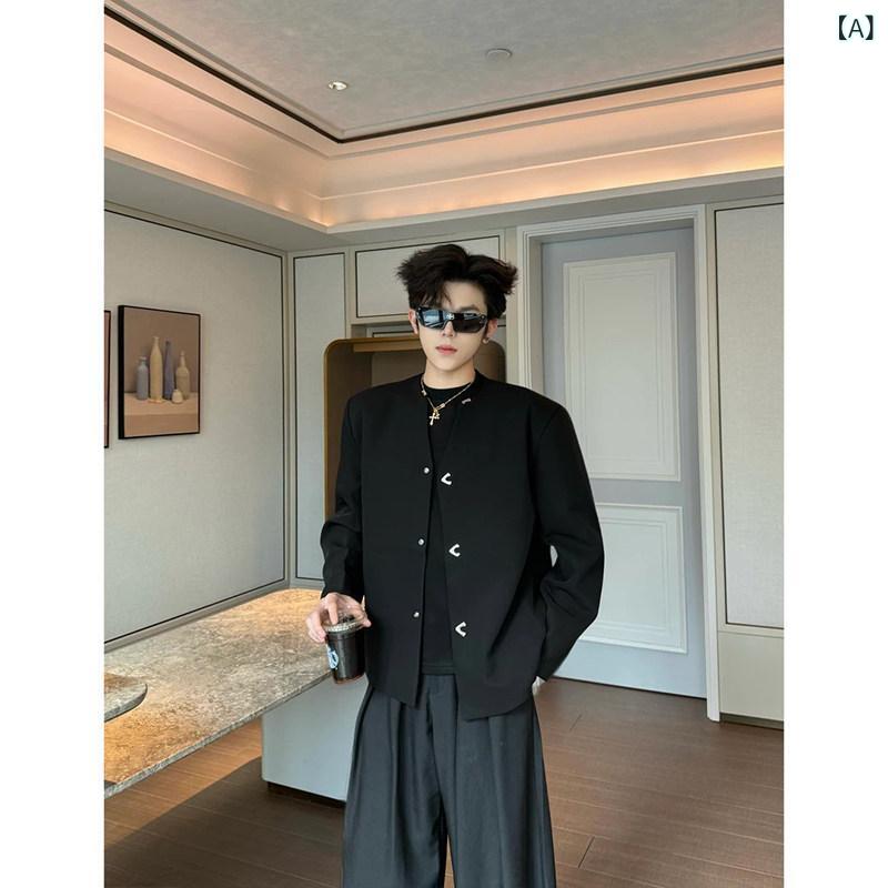 メンズファッション春夏秋冬かっこいいオシャレモテ男性用紳士服服韓国シンプル大人クリーンフィットブラックショルダージャケットスタイリッシュメタルバックルスーツ
