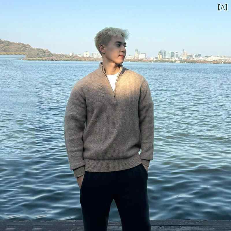 メンズ流行り物春夏秋冬かっこいいオシャレモテ成人男性用成人男性服服韓国分かりやすい成年者冬用カーキ色ハーフジップセータースタンドカラーリラックスオールドファッション