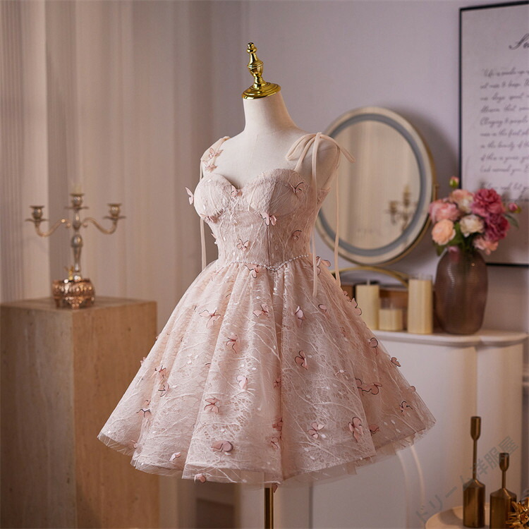 ピンクドレスミニ丈ミニ御召しもの袖なし吊りスコート遊撃手丈蝶飾りつけ二次会ドレスパーティードレスワンピースカラードレス二次会掻きならす会交歓会華燭の典告げ知らせる会忘年会大きさ購入注文無料