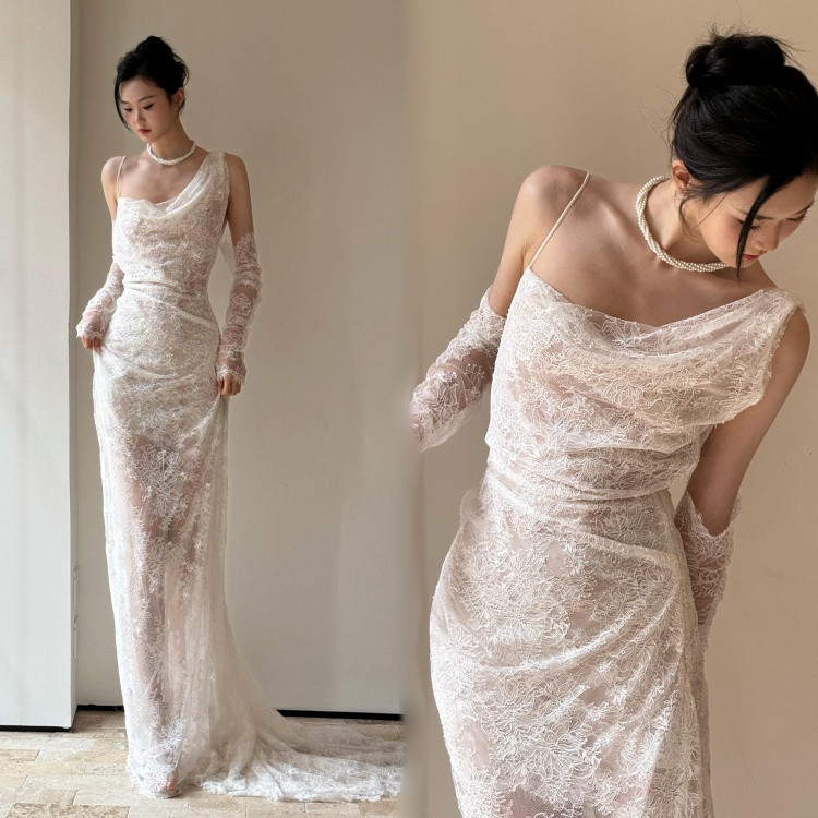 ホワイトロングウェディングドレスノースリーブ吊りスカート豪華花嫁結婚式披露宴フォマールドレスシンプルマーメイドウエディングドレスチュール可愛いブライドドレス発表会演奏会ドレス前撮りリボンパーティードレスXS~2XL総レース|ホワイトショップ