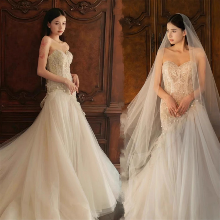ロングウェディングドレスビスチェ総レース花嫁結婚式披露宴フォマールドレスシンプルマーメイドウエディングドレスチュール可愛いブライドドレス発表会演奏会ドレス前撮りリボンパーティードレスXS～2XLサイズトレーンタイプ｜ホワイトショップ
