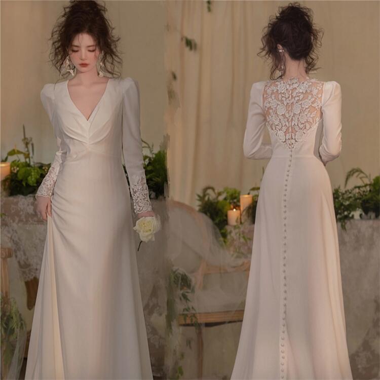 ホワイト ウェディングドレス Aライン 長袖 総レース ロングドレス ウェディングドレス レース 素地 ファスナータイプ Wedding Dress お花嫁 結婚式 旅行撮影演出 レディースウェディングドレス 透け感あり セクシー XS/S/M/L/XL Vネック トレーン|ホワイトショップ