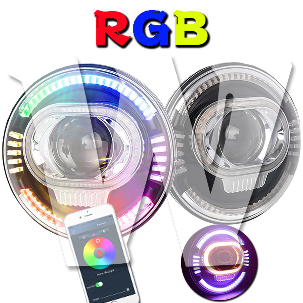 【7インチ LEDヘッドライト RGB 多彩】 ハイ/ロー/ディライト切替式 6500K ホワイト ウインカー アンバー ジープ ラングラー JK スズキ ジムニー CJ LJ TJ ハマー H1 H2 Land Rover トヨタ 日産 ホンダ 三菱 MINI H4~H13変換コネクタ 2個