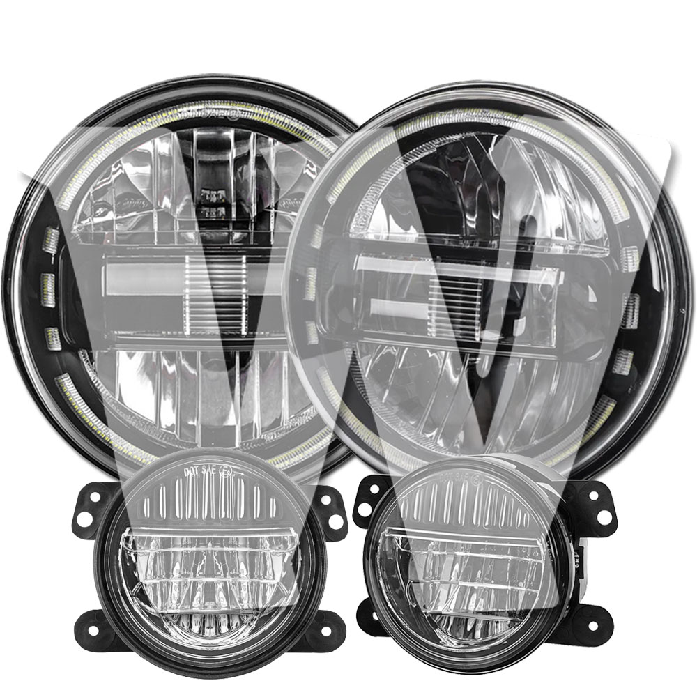 【車検対応】ジープ ラングラー JK/JKU/TJ/LJ用 90W 7インチ LEDヘッドライト & 30W 4インチ LEDフォグランプ 4個セット Eマーク/DOT認済 ハイ/ロー/DRL切替 ルビコン/サハラ対応 1997-2018年モデル 日本仕様品