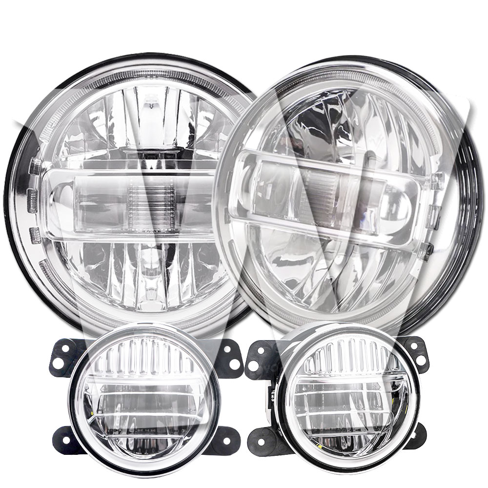 【車検対応】ジープ ラングラー JK/JKU/TJ/LJ用 90W 7インチ LEDヘッドライト & 30W 4インチ LEDフォグランプ 4個セット Eマーク/DOT認済 ハイ/ロー/DRL切替 ルビコン/サハラ対応 1997-2018年モデル 日本仕様品｜white willow