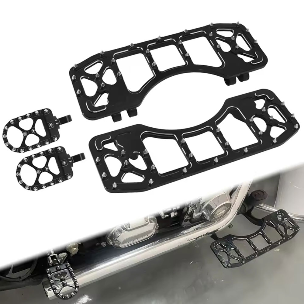 【ハーレー用】 フロント/リア フロアボード フットペグ セット ライダー用/同乗者用 ブラック CNCアルミ 滑り止め シャークテース ツーリング ソフテイル FLD FLHR 対応 ワイドプラットフォーム｜white willow