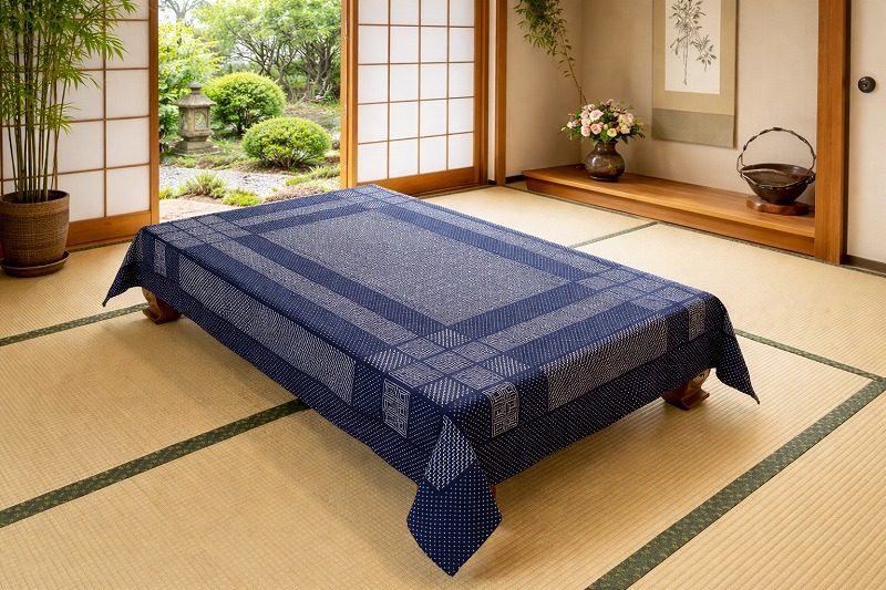 本藍染 手絞り テーブルクロス ベッドカバー 大判 和物 本藍染 手絞り